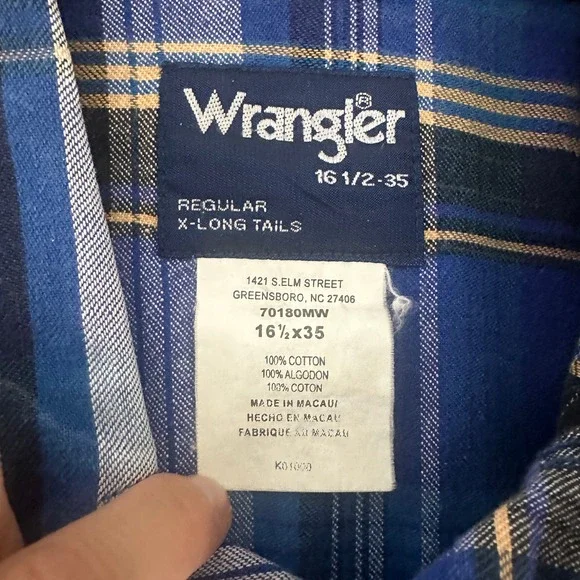 Vintage wrangler western pearl snap shirt size 16.5-35 blue long sleeve XL tail - Picture 4 of 7